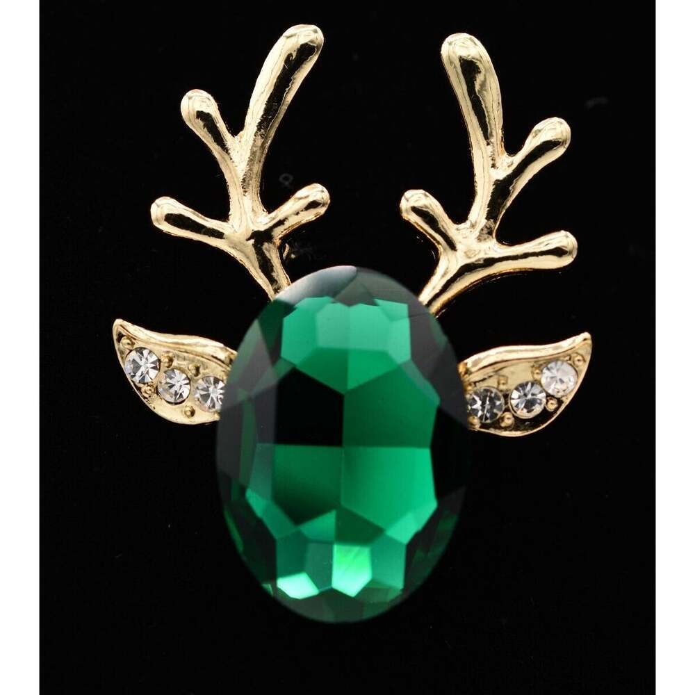 Vintage Crystal Reindeer Pin Brooch Green Gold Tone Christmas Holiday Y2K Bin8